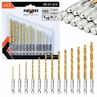 Wiertła HSS TiN 1,5-6,5mm HEX 1/4" Rexxer RG-01-610 13szt/op
